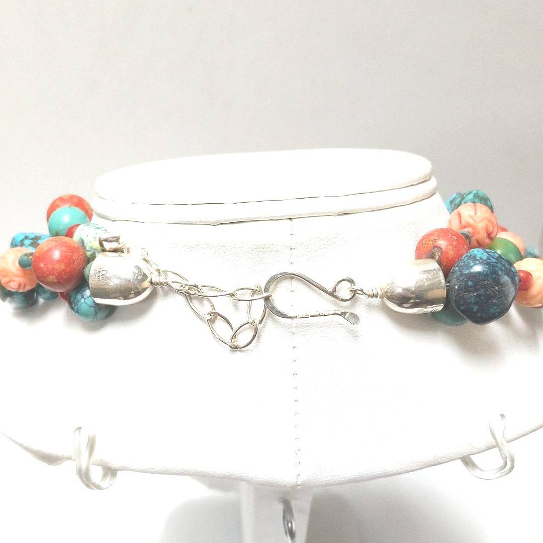 Designer Sterling Silver Jay King Triple Strand Coral Turquoise Necklace