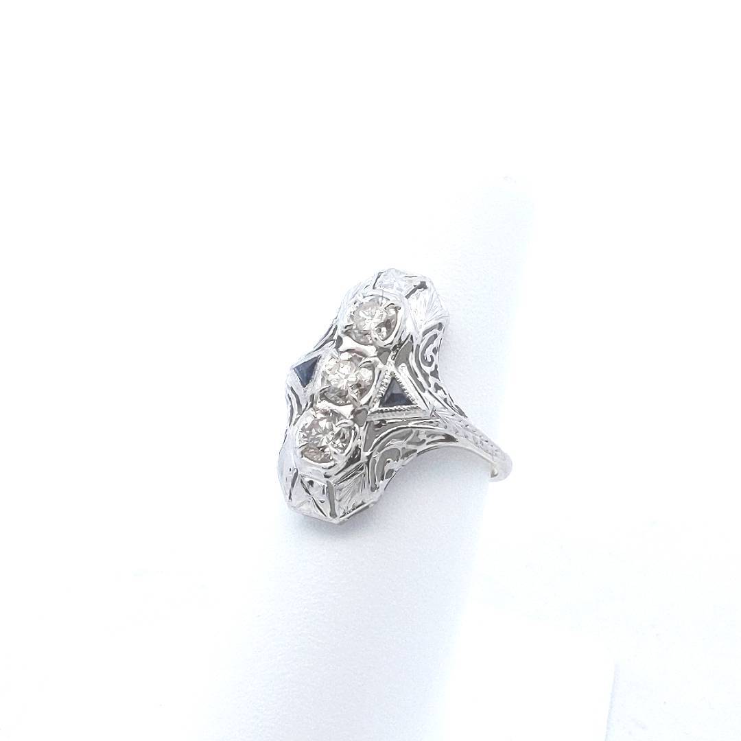 Antique $1600 14K White Gold Edwardian Diamond Synthetic Sapphire Filigree Ring
