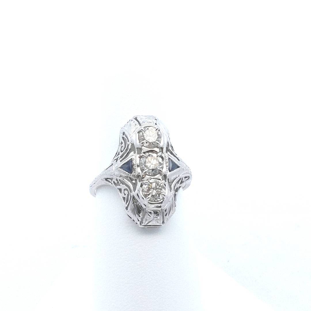 Antique $1600 14K White Gold Edwardian Diamond Synthetic Sapphire Filigree Ring