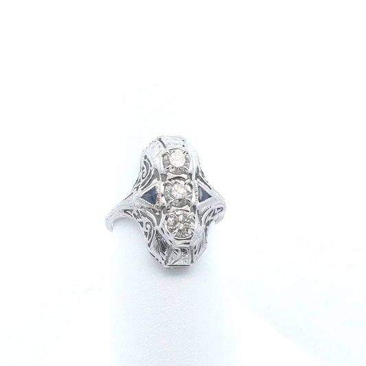 Antique $1600 14K White Gold Edwardian Diamond Synthetic Sapphire Filigree Ring