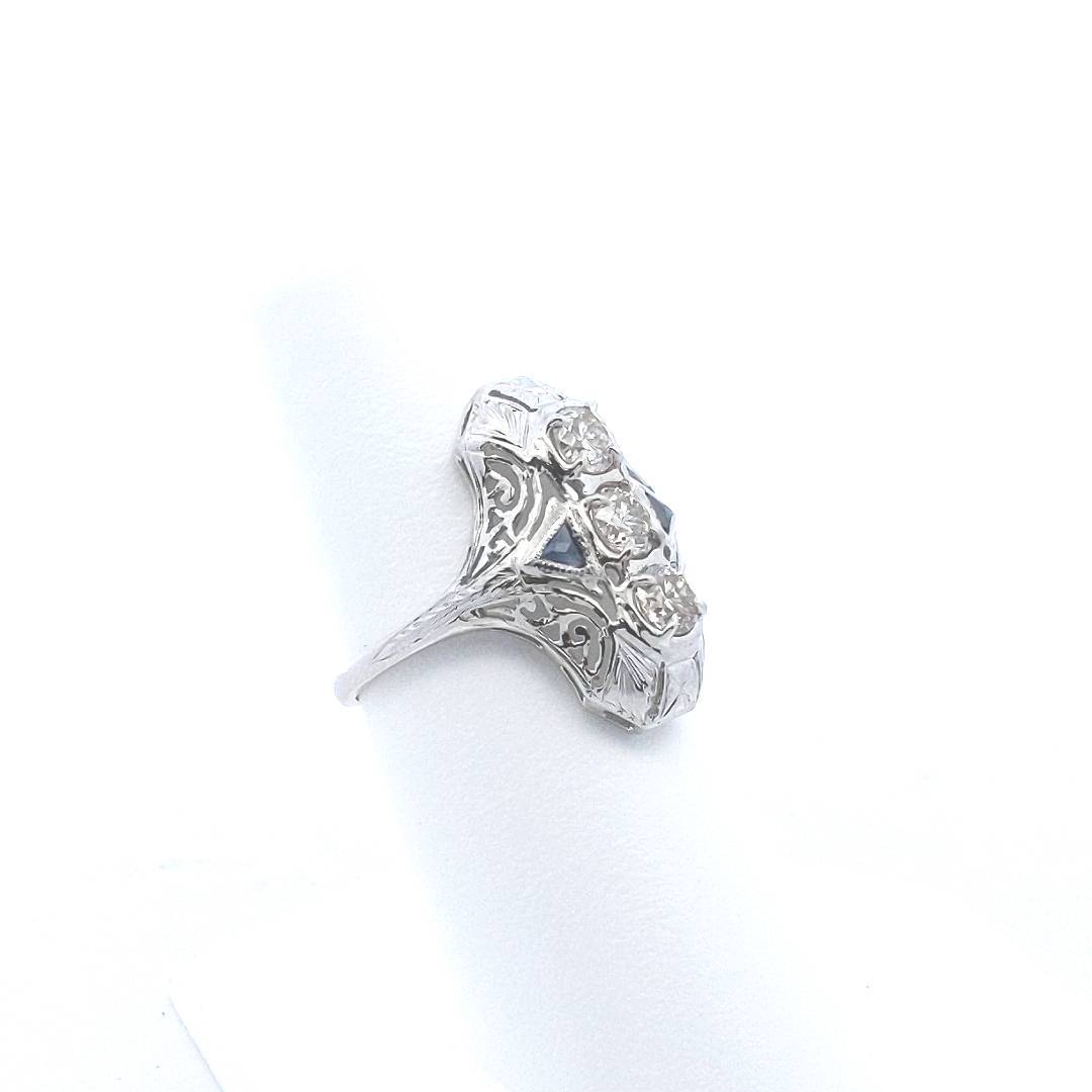 Antique $1600 14K White Gold Edwardian Diamond Synthetic Sapphire Filigree Ring