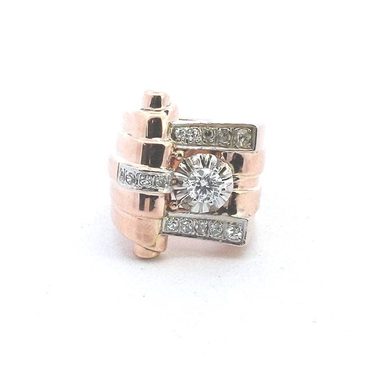 Vintage $2600 18K Rose Gold Retro Scroll Design Diamond Ring