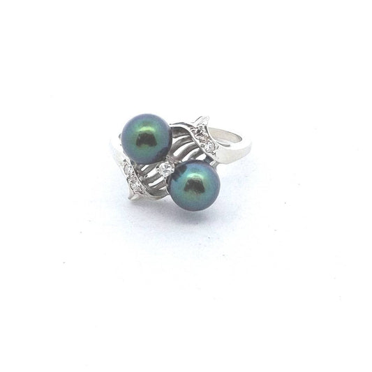 Vintage 14K White Gold Cultured Green/Black Pearl & Diamond Ring