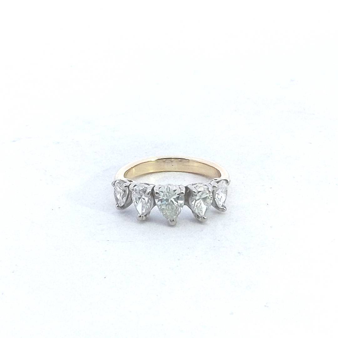 14K Two Tone Gold 5 Stone Pear Shaped Diamond Ring