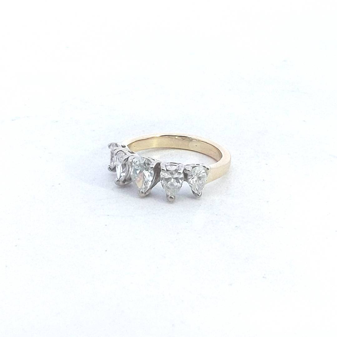 14K Two Tone Gold 5 Stone Pear Shaped Diamond Ring