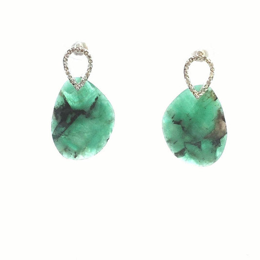 Estate $400 10K WhiteGold Diamond & Faceted Emerald Earrings