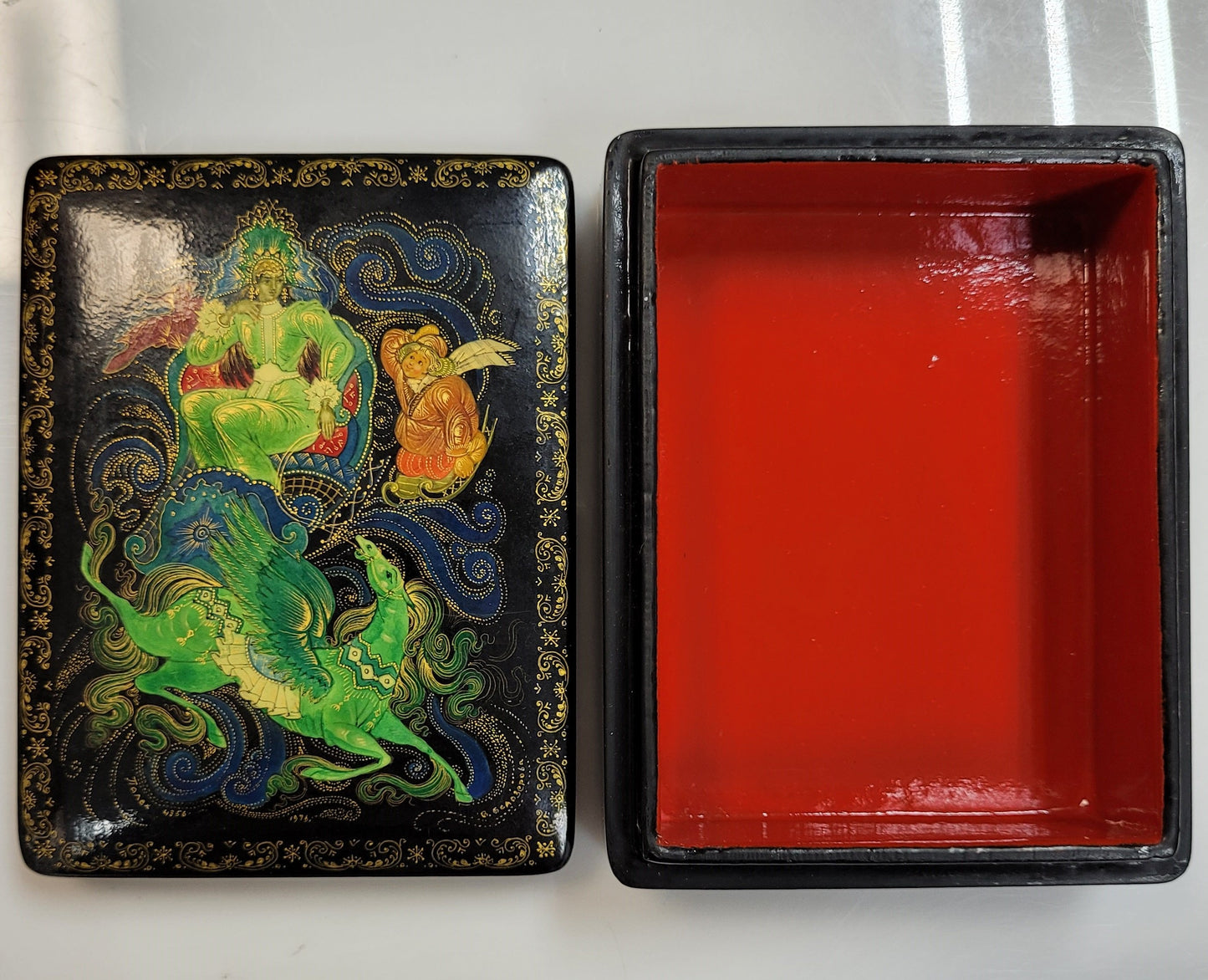 Vintage " Father Winter with Child on Sled" Russian Lacquerware Box