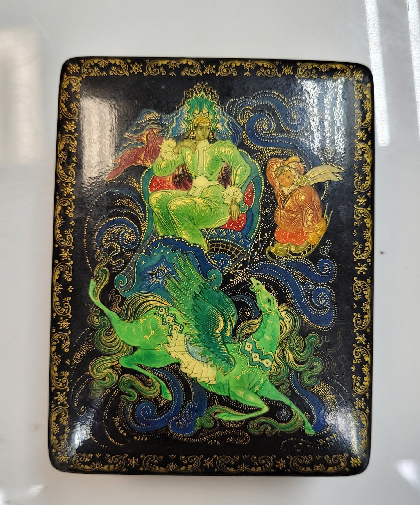 Vintage " Father Winter with Child on Sled" Russian Lacquerware Box