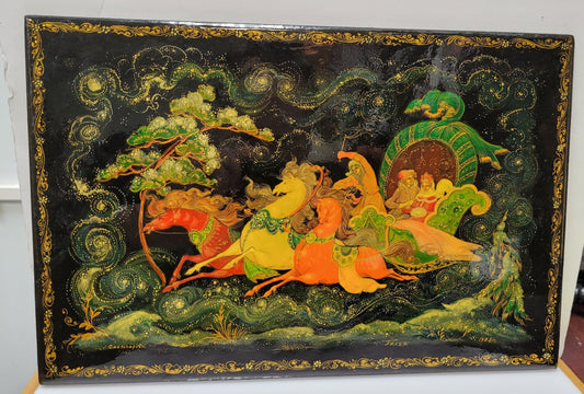 Vintage "Snow Maiden and Father Winter Sled" Russian Lacquerware Plaque