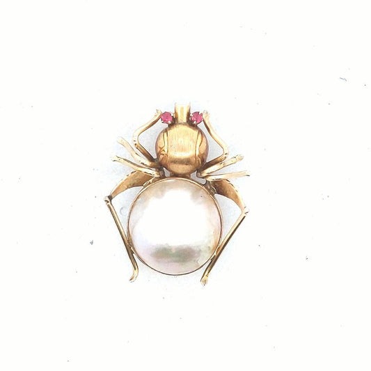 Vintage $700 14K Yellow Gold Mabe Pearl Natural Ruby Eye Bug Brooch