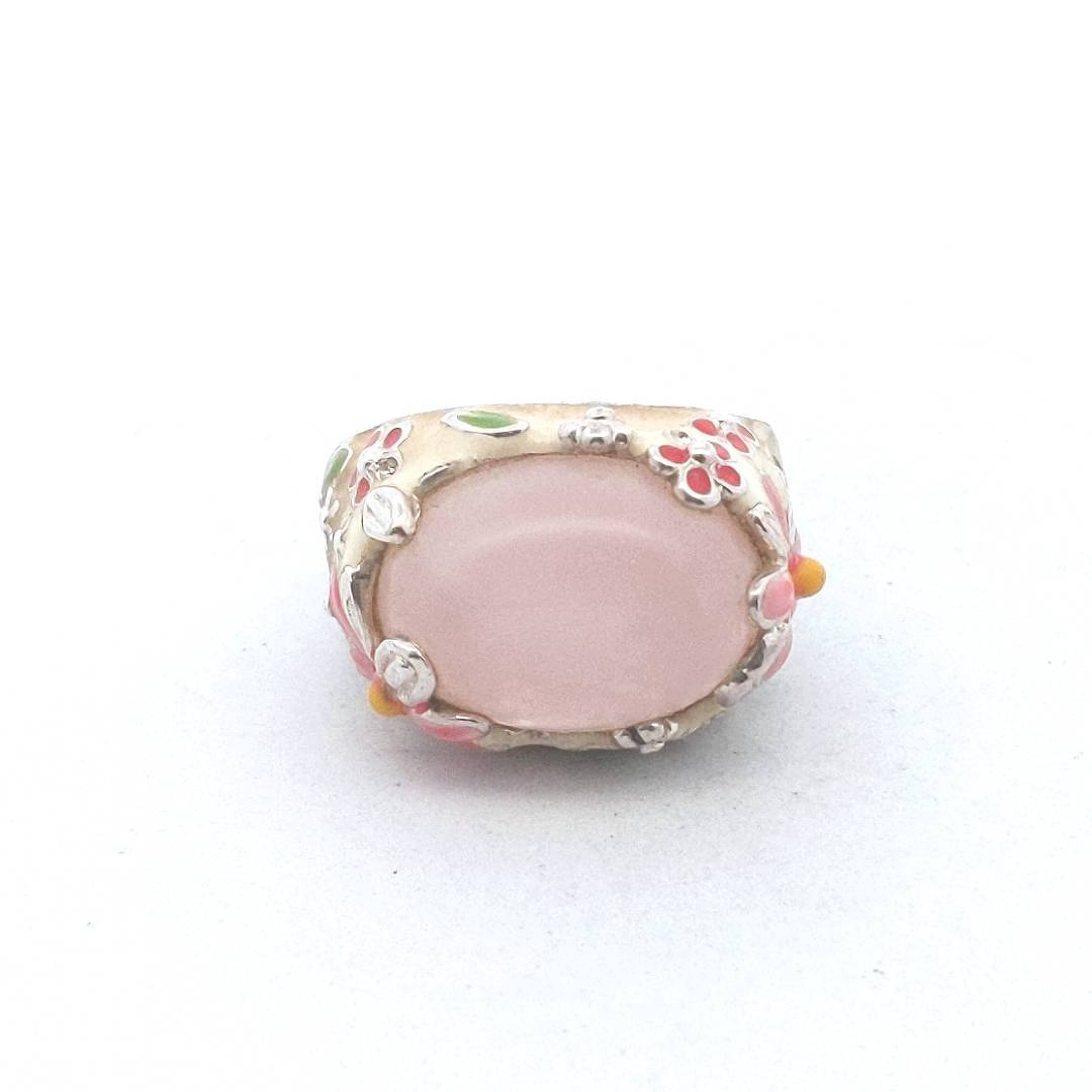 Designer David Sigal Sterling Silver Rose Quartz Enamel Ring