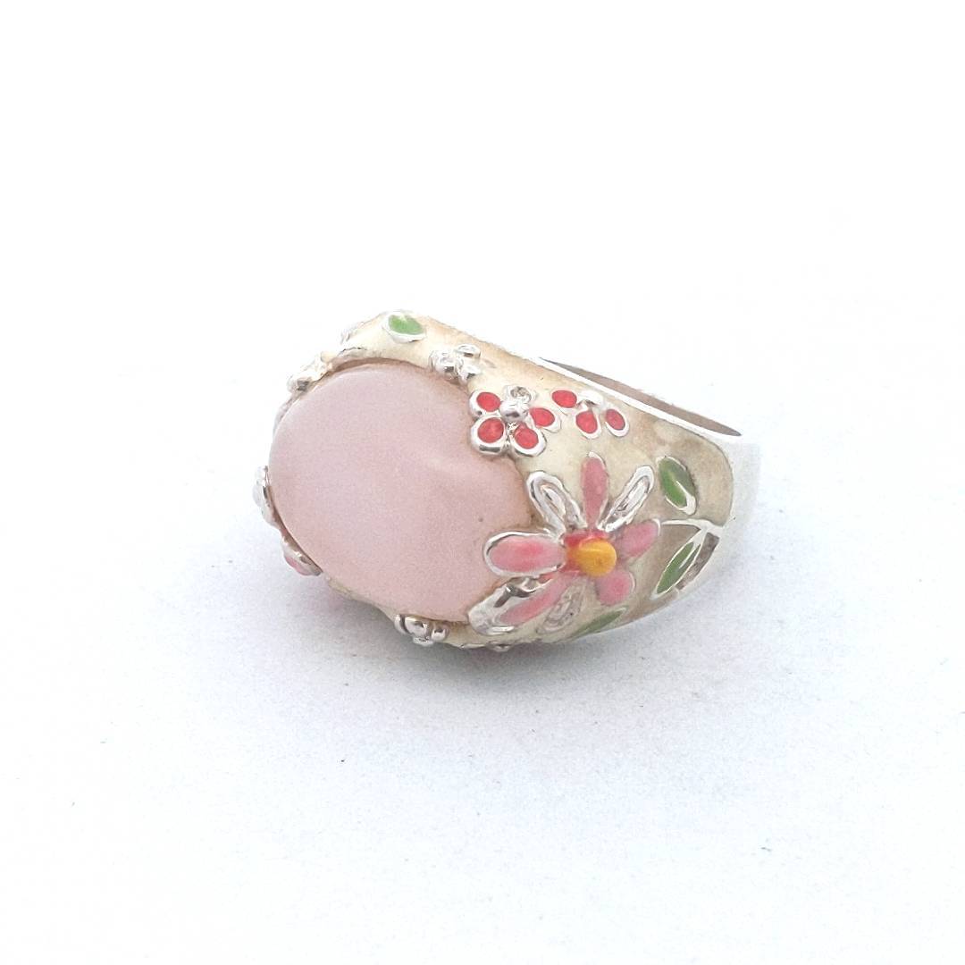 Designer David Sigal Sterling Silver Rose Quartz Enamel Ring