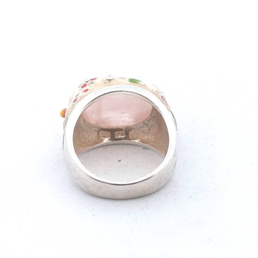 Designer David Sigal Sterling Silver Rose Quartz Enamel Ring