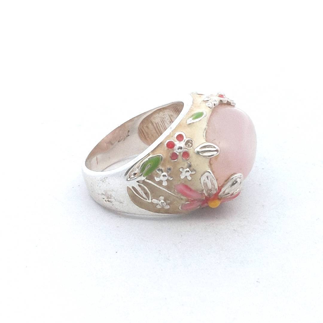 Designer David Sigal Sterling Silver Rose Quartz Enamel Ring