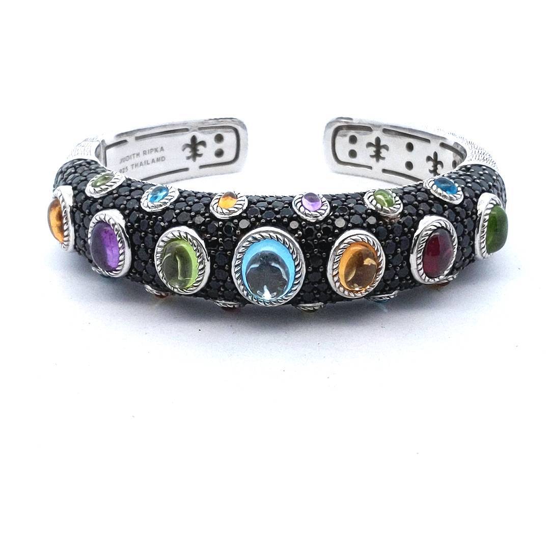 Designer Judith Ripka Sterling Silver Multi-Gem Hinged Bangle
