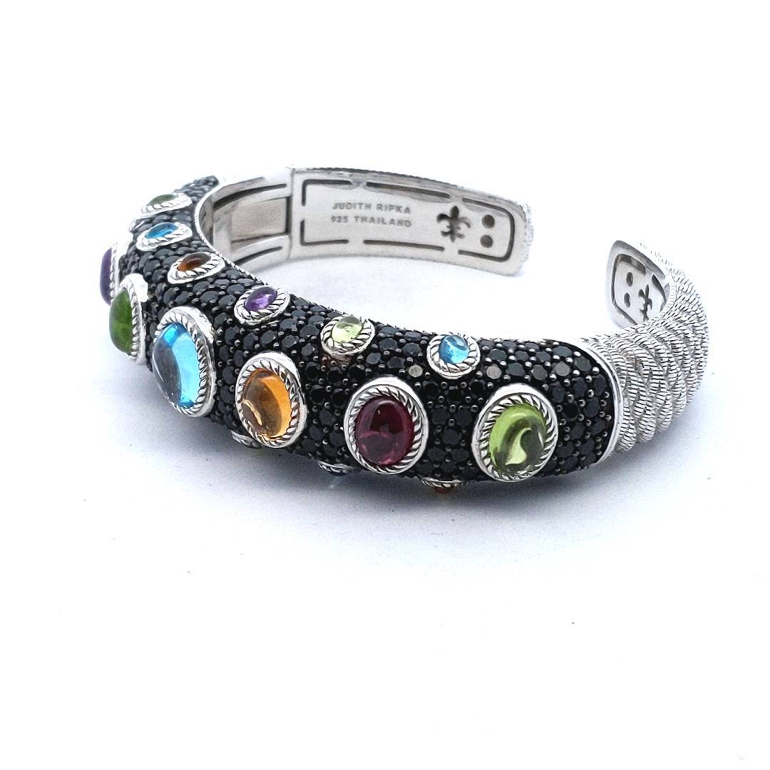 Designer Judith Ripka Sterling Silver Multi-Gem Hinged Bangle