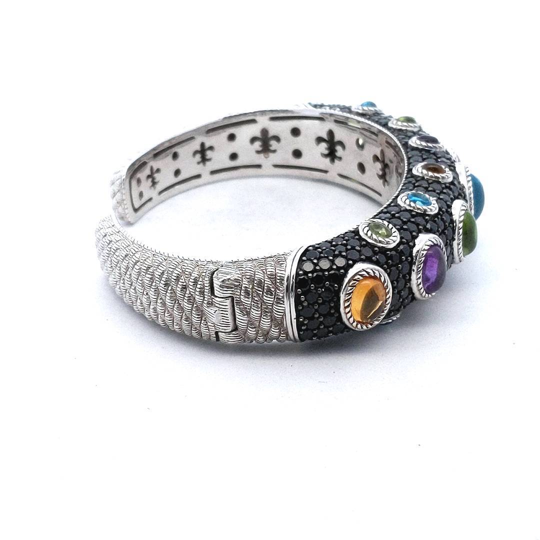 Designer Judith Ripka Sterling Silver Multi-Gem Hinged Bangle