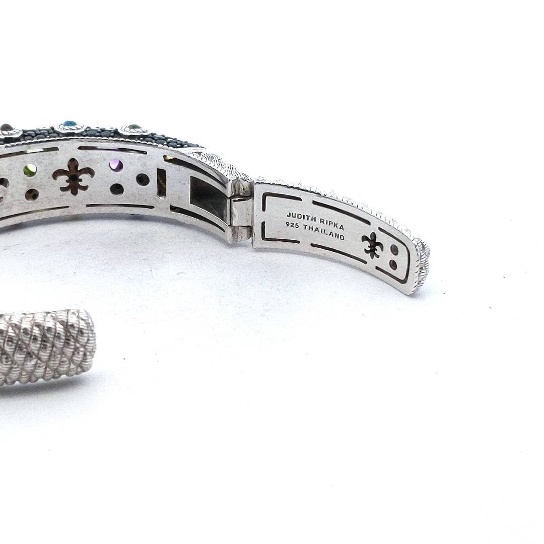 Designer Judith Ripka Sterling Silver Multi-Gem Hinged Bangle