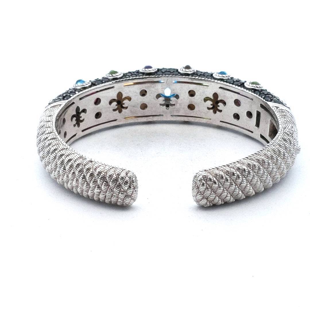 Designer Judith Ripka Sterling Silver Multi-Gem Hinged Bangle