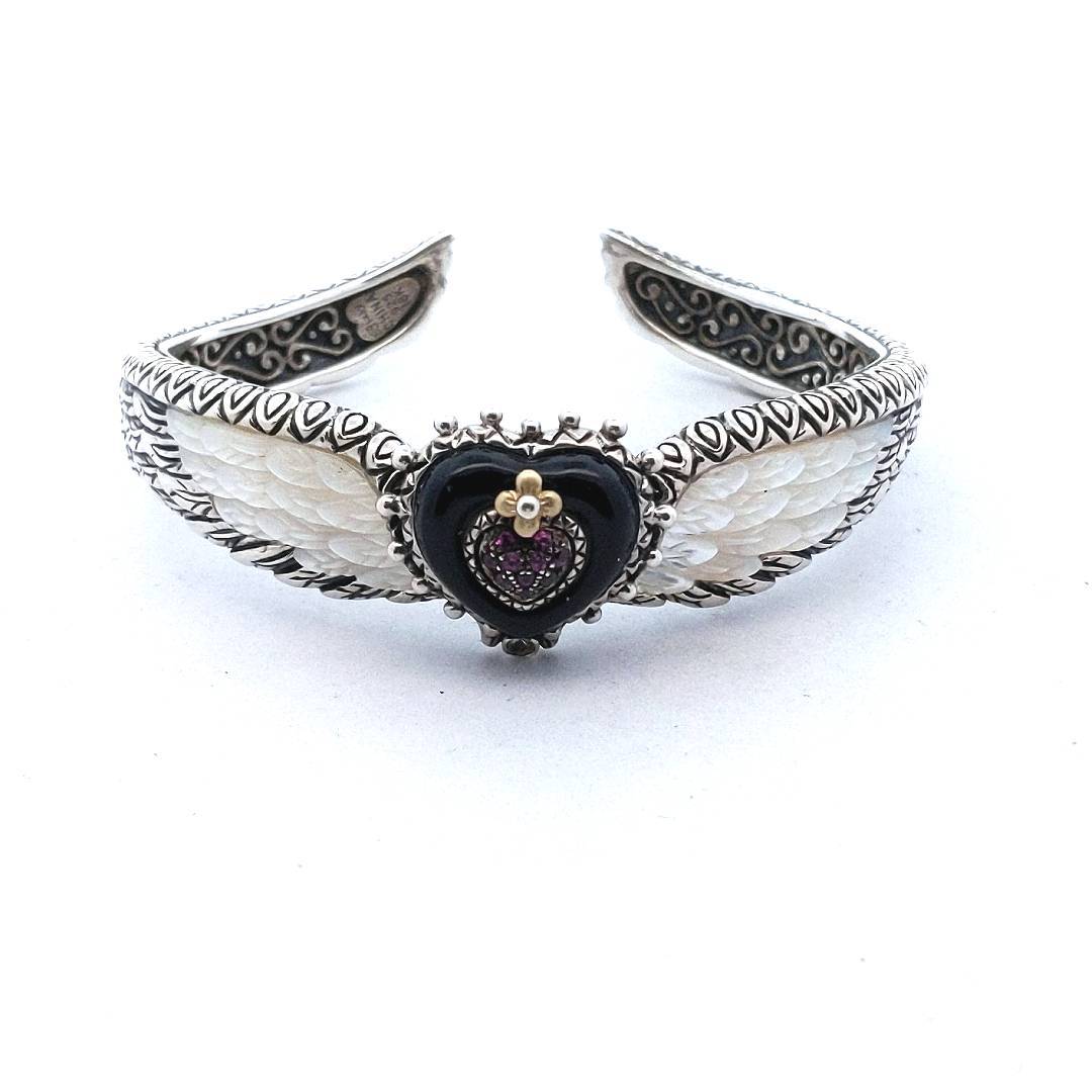 Designer Sterling & 18K Barbara Bixby Winged Heart MOP Bangle