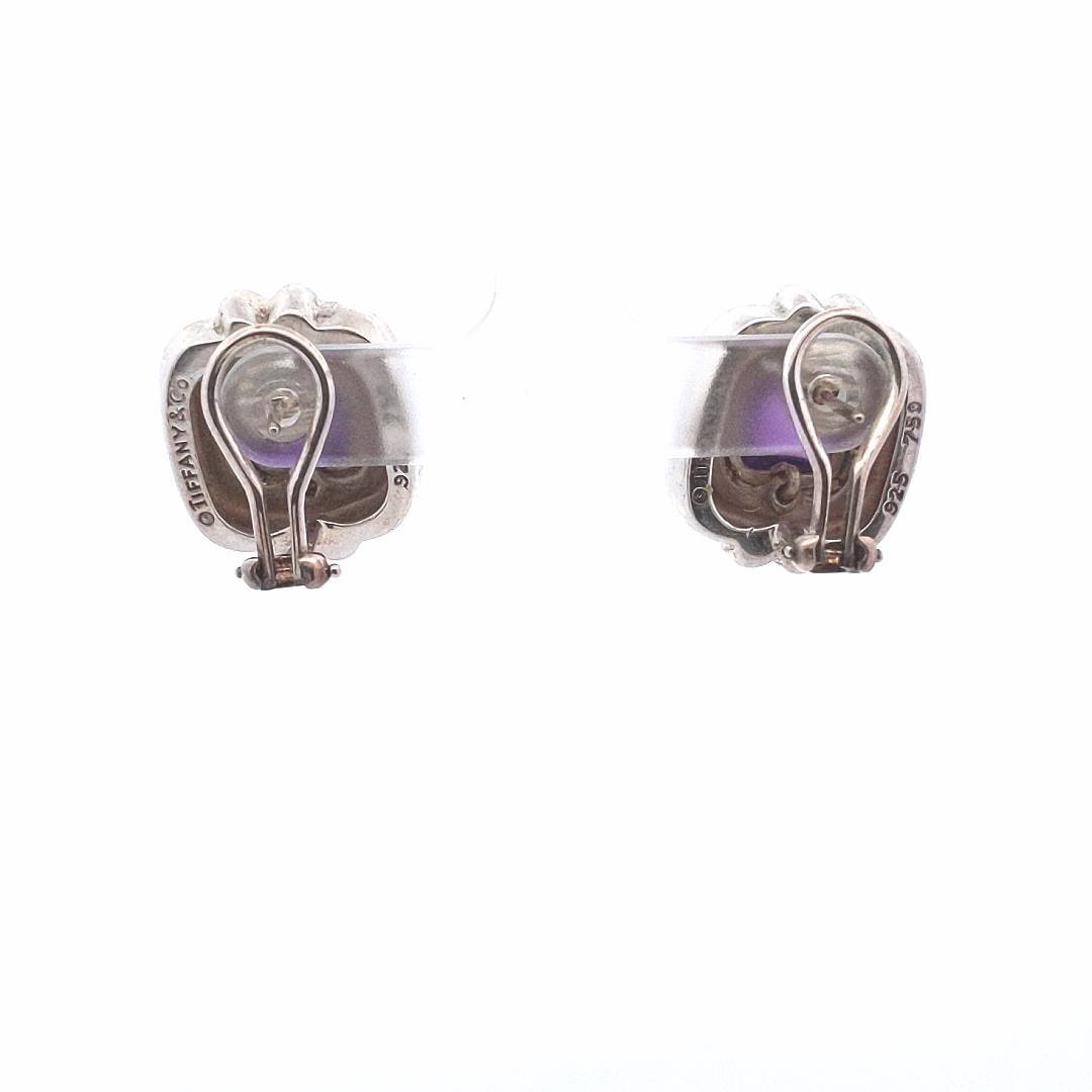 Designer $700 18K Yellow Gold Sterling Silver Natural Cabochon Amethyst Earrings
