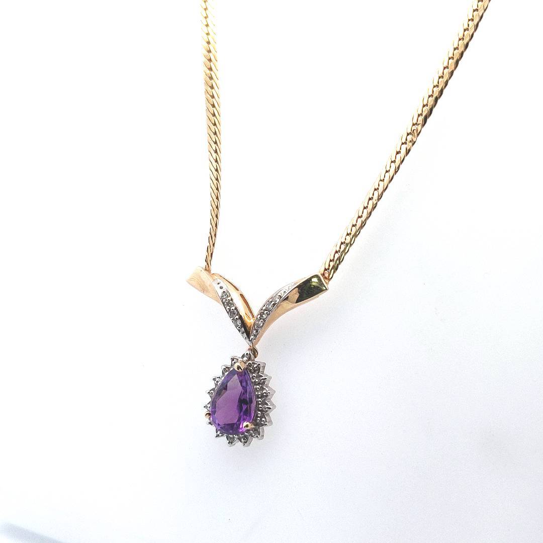 Vintage $1100 14K Two Tone Gold Amethyst Diamond V Drop Necklace