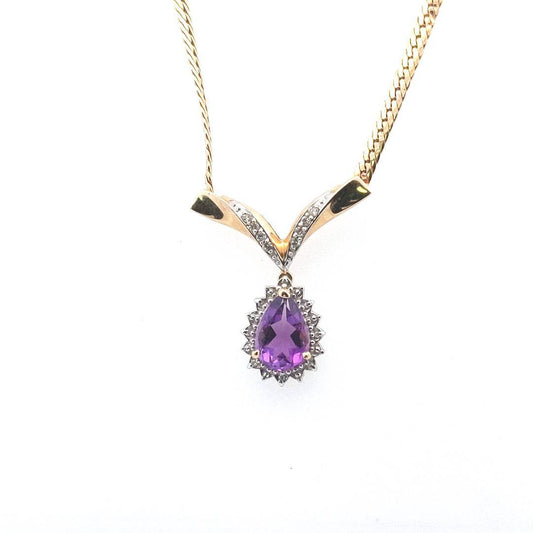Vintage $1100 14K Two Tone Gold Amethyst Diamond V Drop Necklace
