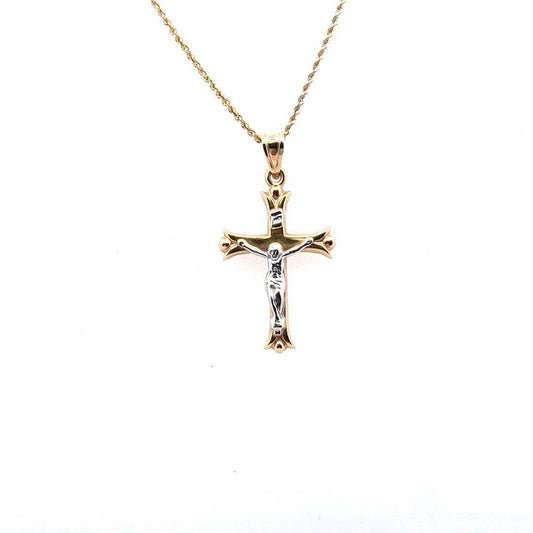 Estate $400 14K Two Tone Gold Crucifix Pendant Necklace