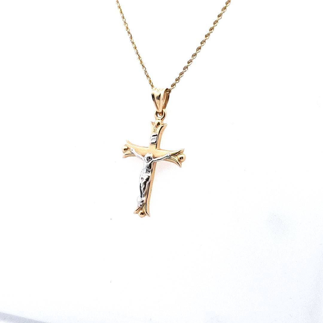 Estate $400 14K Two Tone Gold Crucifix Pendant Necklace