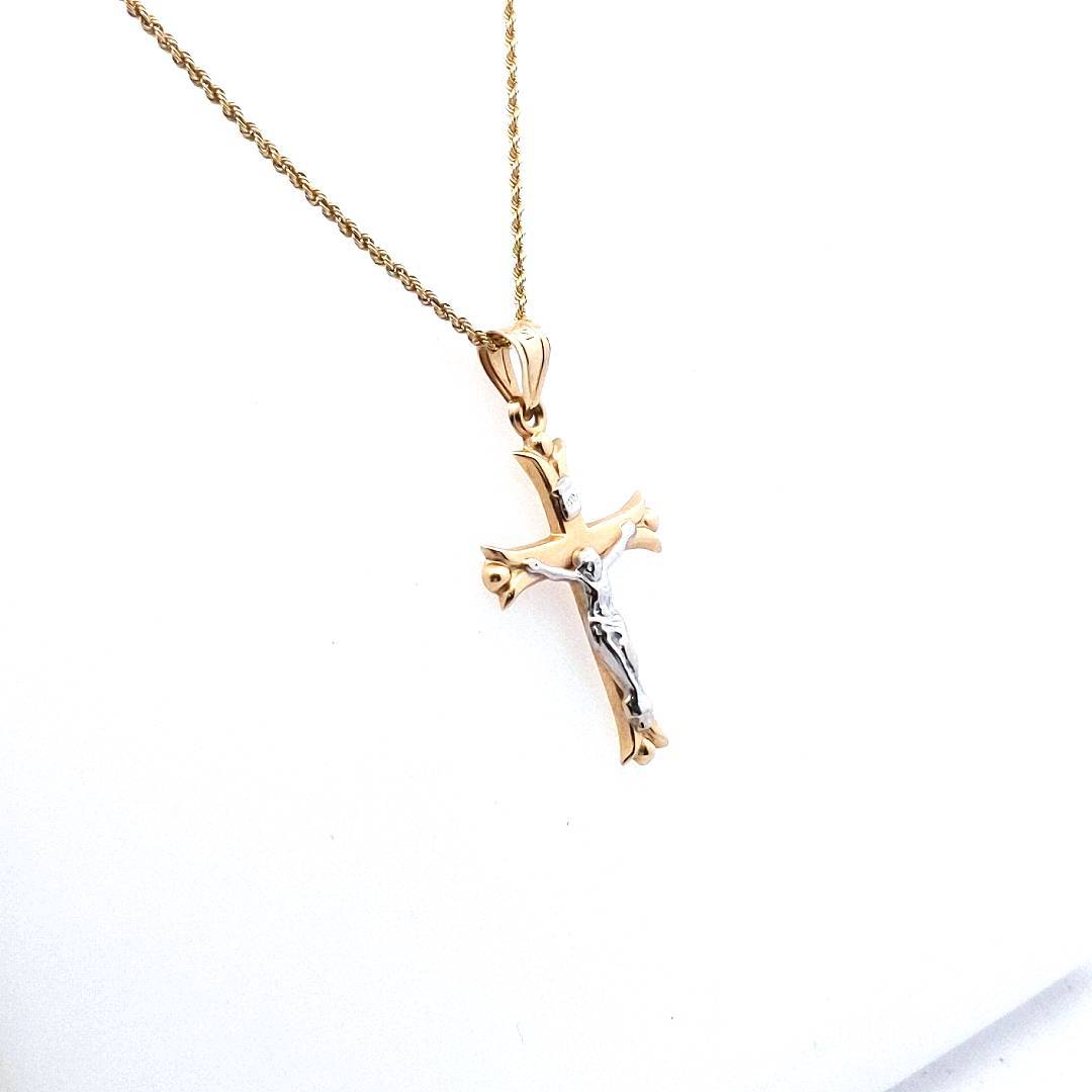 Estate $400 14K Two Tone Gold Crucifix Pendant Necklace