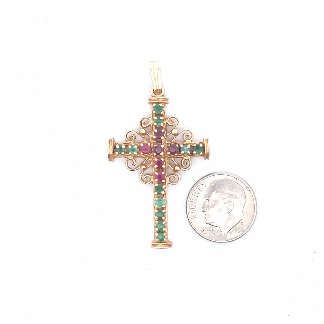 Estate $800 14K Yellow Gold Ruby Emerald Cross Scrollwork Design Pendant