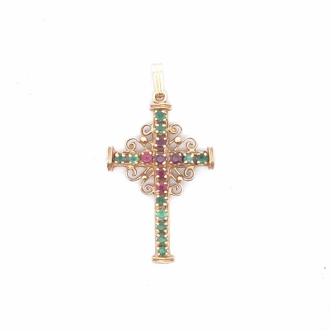 Estate $800 14K Yellow Gold Ruby Emerald Cross Scrollwork Design Pendant