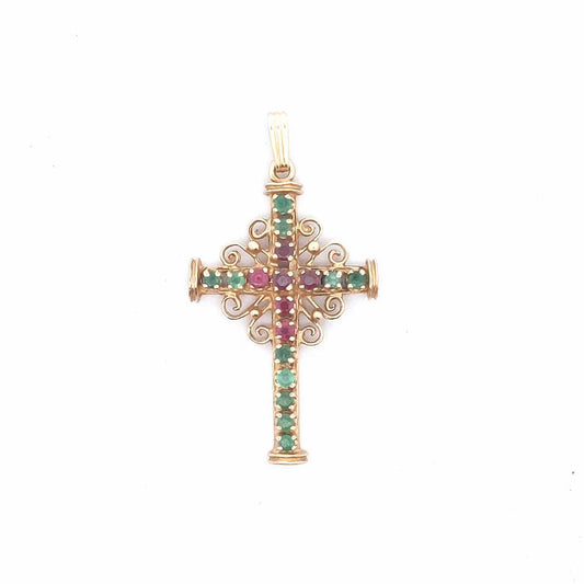 Estate $800 14K Yellow Gold Ruby Emerald Cross Scrollwork Design Pendant