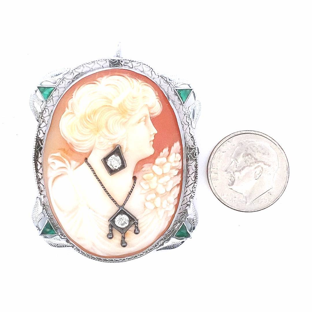 Antique $550 14K White Gold Diamond Cameo Filigree Lab Grown Emerald Pin