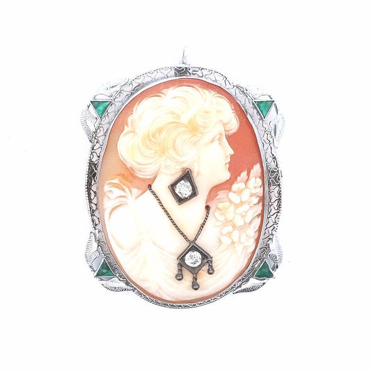 Antique $550 14K White Gold Diamond Cameo Filigree Lab Grown Emerald Pin