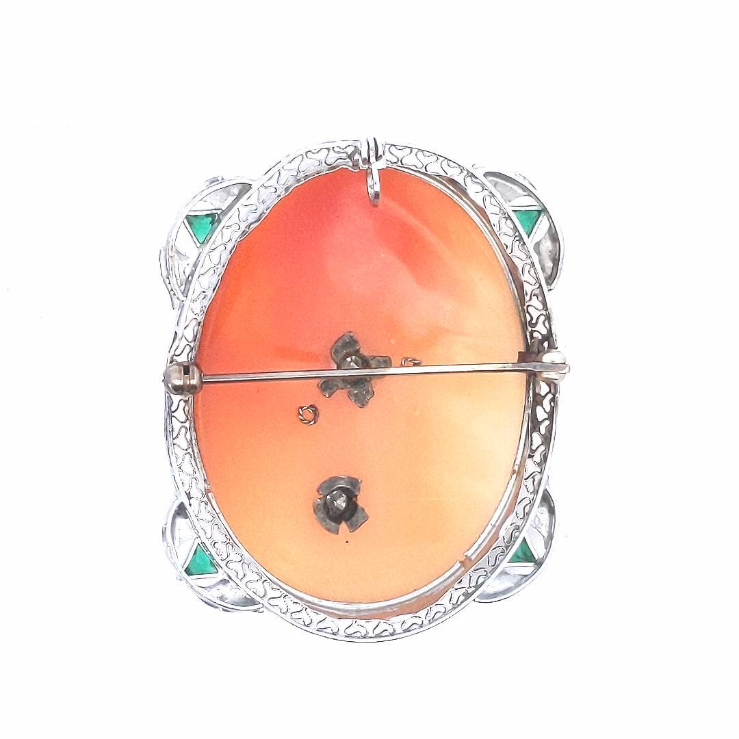 Antique $550 14K White Gold Diamond Cameo Filigree Lab Grown Emerald Pin