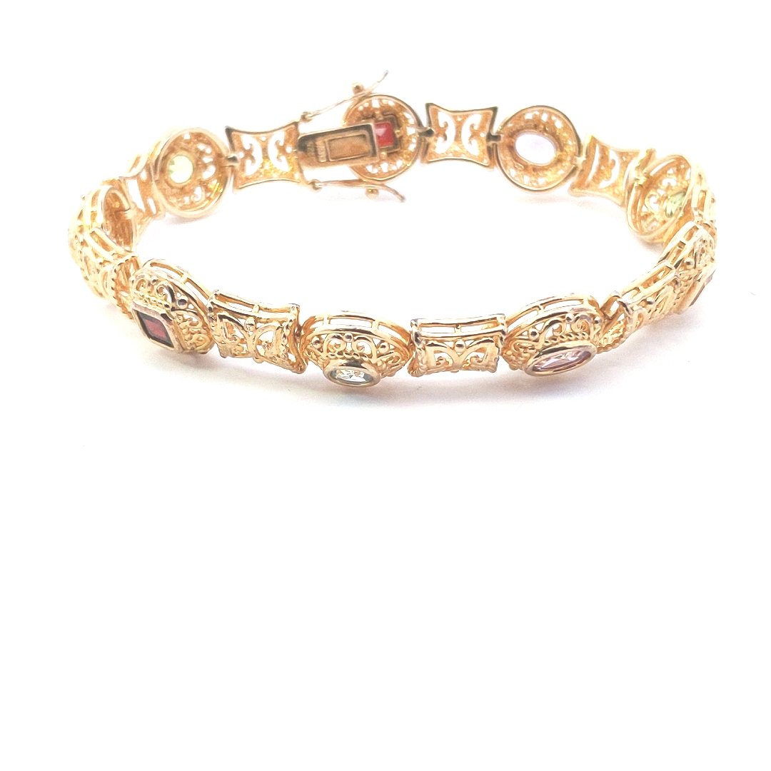 Estate $110 Sterling Silver Gold Vermeil Filigree Multi Gemstone Bracelet