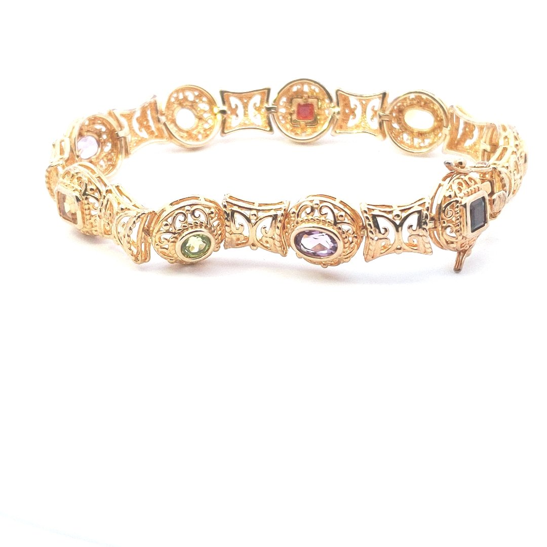 Estate $110 Sterling Silver Gold Vermeil Filigree Multi Gemstone Bracelet
