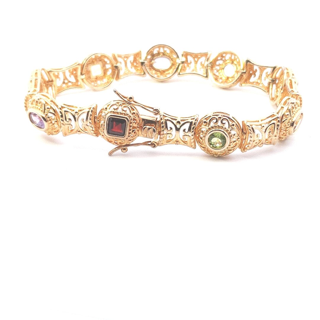 Estate $110 Sterling Silver Gold Vermeil Filigree Multi Gemstone Bracelet