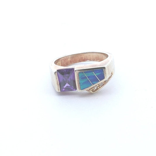 Estate $100 Sterling Silver Vermeil Purple CZ Lab Created Opal Inlay Ring