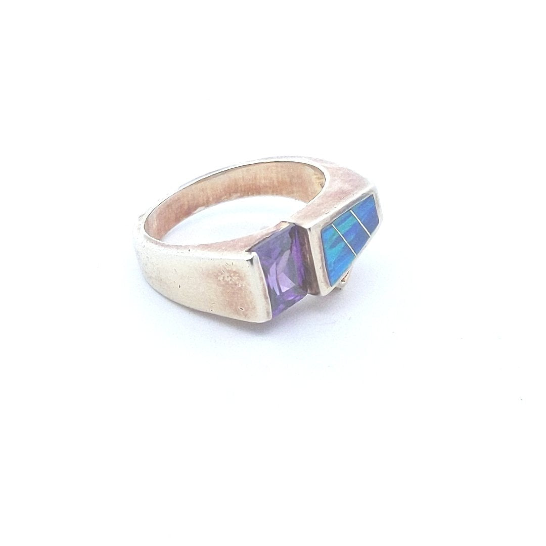 Estate $100 Sterling Silver Vermeil Purple CZ Lab Created Opal Inlay Ring